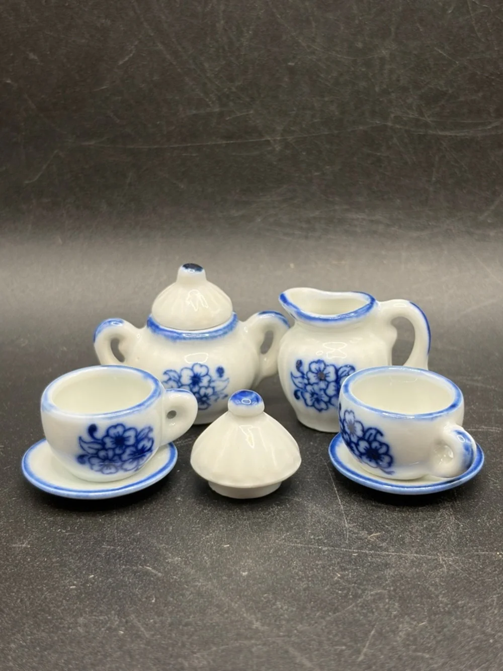Vintage Miniature Mini Dollhouse Blue  White Porcelain Tea Set Accessories Cups+